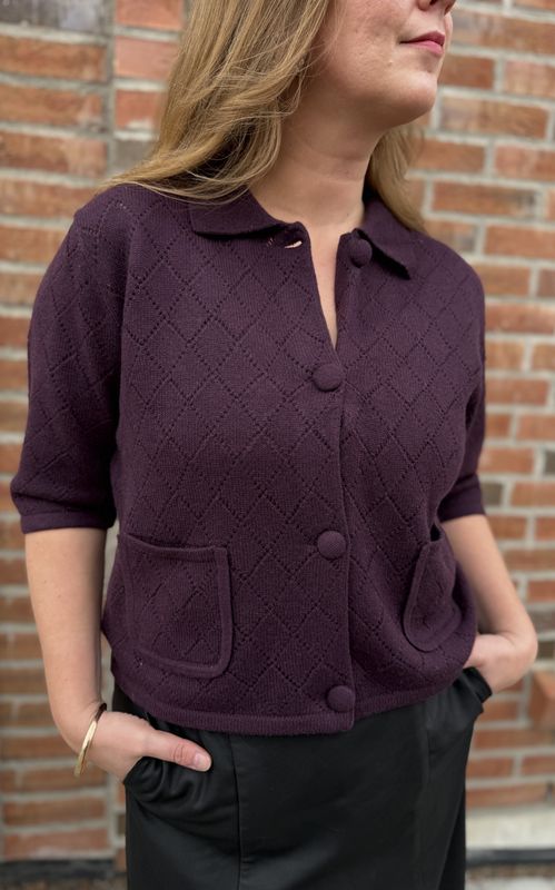 Davida Collar Short Jacket Square Knit Dark Plum